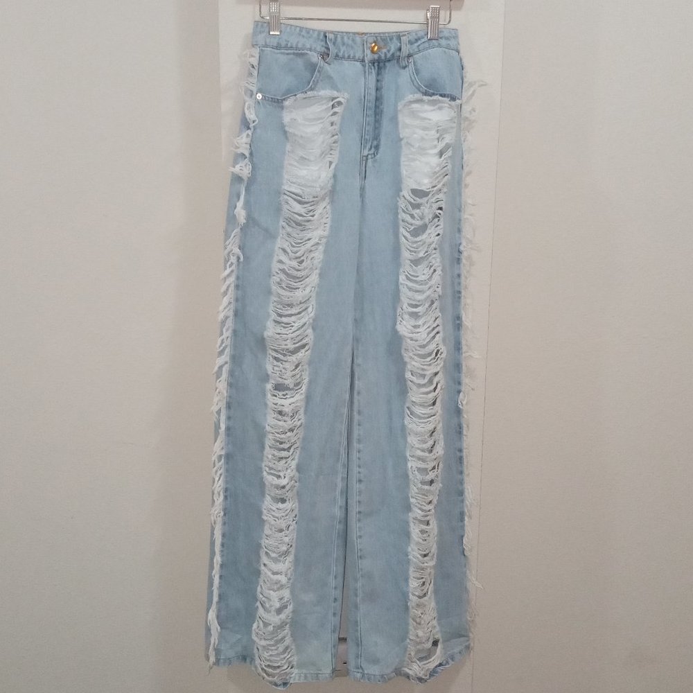 Light blue denim jends with distressed front and french - Picture 1 of 9